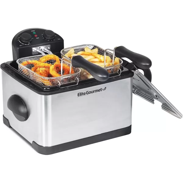 imageElite Gourmet EDF401T Electric Immersion Deep Fryer 3Baskets 1700Watt Timer Control Adjustable Temperature Lid with Viewing Window and Odor Free Filter Stainless Steel and Granite45 Quart  17 cup