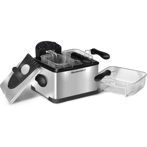 imageElite Gourmet EDF401T Electric Immersion Deep Fryer 3Baskets 1700Watt Timer Control Adjustable Temperature Lid with Viewing Window and Odor Free Filter Stainless Steel and Granite45 Quart  17 cup