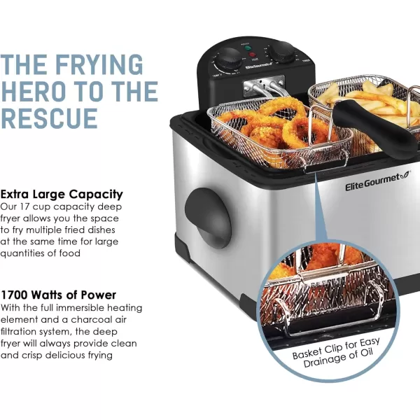 imageElite Gourmet EDF401T Electric Immersion Deep Fryer 3Baskets 1700Watt Timer Control Adjustable Temperature Lid with Viewing Window and Odor Free Filter Stainless Steel and Granite45 Quart  17 cup