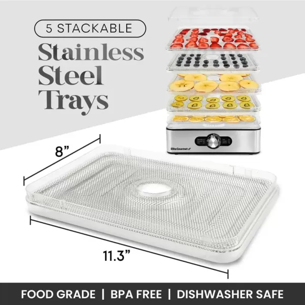 imageElite Gourmet EFD313B Programmable Food Dehydrator Food Dehydrator Adjustable Temperature Controls Jerky Herbs Fruit Veggies Snacks 6 Stainless Steel Trays5 Stainless Steel Trays