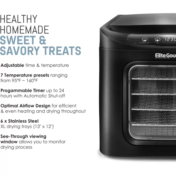 imageElite Gourmet EFD313B Programmable Food Dehydrator Food Dehydrator Adjustable Temperature Controls Jerky Herbs Fruit Veggies Snacks 6 Stainless Steel Trays6 Stainless Steel Trays