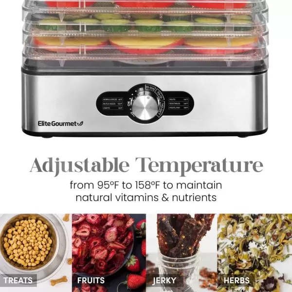 imageElite Gourmet EFD313B Programmable Food Dehydrator Food Dehydrator Adjustable Temperature Controls Jerky Herbs Fruit Veggies Snacks 6 Stainless Steel Trays5 Stainless Steel Trays