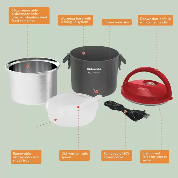 imageElite Gourmet EFW6080R Warmables Lunch Box Electric Food Warmer with Stainless Steel Pot 32 Ounce Grey RedGrey Red