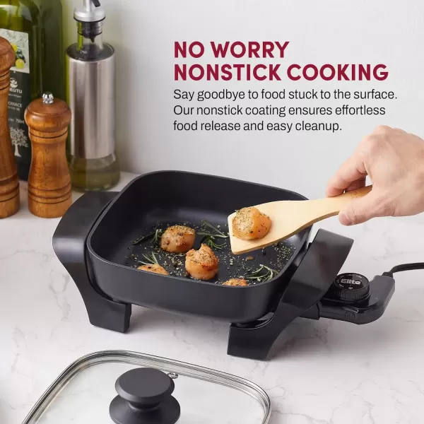 imageElite Gourmet EG6201 Extra Deep 12quotx12quotx32quot 75Qt Scratch Resistant Dishwasher Safe Nonstick Electric Skillet with Glass Vented Lid Adjustable Temperature Black25 Quart
