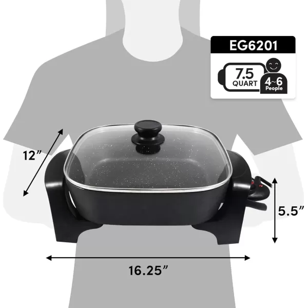 imageElite Gourmet EG6201 Extra Deep 12quotx12quotx32quot 75Qt Scratch Resistant Dishwasher Safe Nonstick Electric Skillet with Glass Vented Lid Adjustable Temperature Black75 Quart