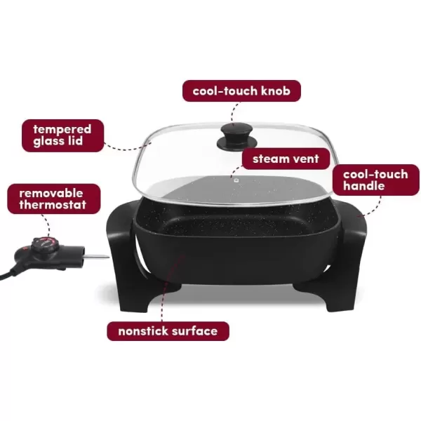 imageElite Gourmet EG6201 Extra Deep 12quotx12quotx32quot 75Qt Scratch Resistant Dishwasher Safe Nonstick Electric Skillet with Glass Vented Lid Adjustable Temperature Black75 Quart