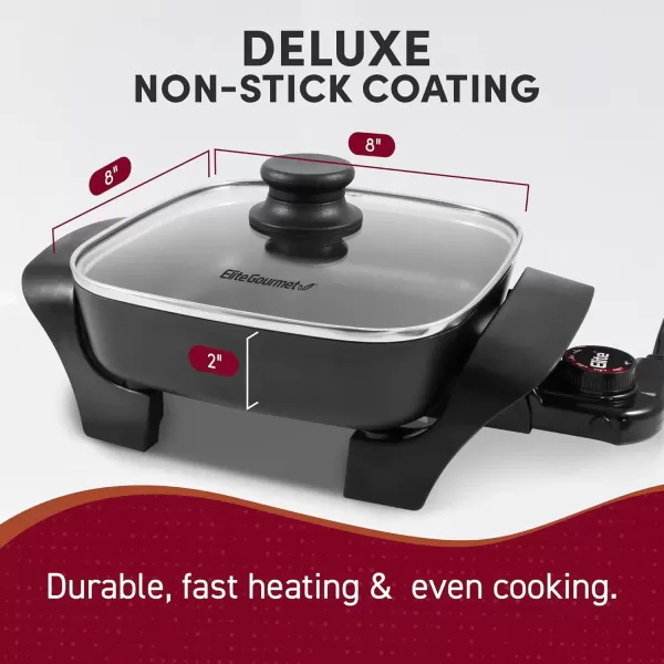 imageElite Gourmet EG6201 Extra Deep 12quotx12quotx32quot 75Qt Scratch Resistant Dishwasher Safe Nonstick Electric Skillet with Glass Vented Lid Adjustable Temperature Black25 Quart
