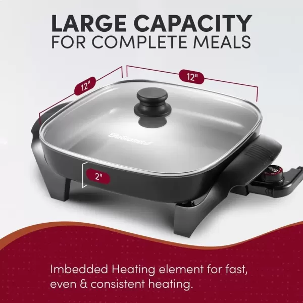 imageElite Gourmet EG6201 Extra Deep 12quotx12quotx32quot 75Qt Scratch Resistant Dishwasher Safe Nonstick Electric Skillet with Glass Vented Lid Adjustable Temperature Black6 Quart