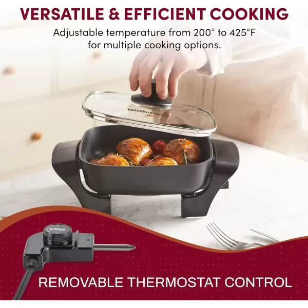imageElite Gourmet EG6201 Extra Deep 12quotx12quotx32quot 75Qt Scratch Resistant Dishwasher Safe Nonstick Electric Skillet with Glass Vented Lid Adjustable Temperature Black25 Quart