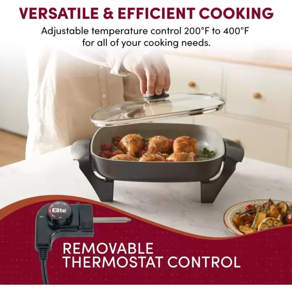 imageElite Gourmet EG6201 Extra Deep 12quotx12quotx32quot 75Qt Scratch Resistant Dishwasher Safe Nonstick Electric Skillet with Glass Vented Lid Adjustable Temperature Black6 Quart