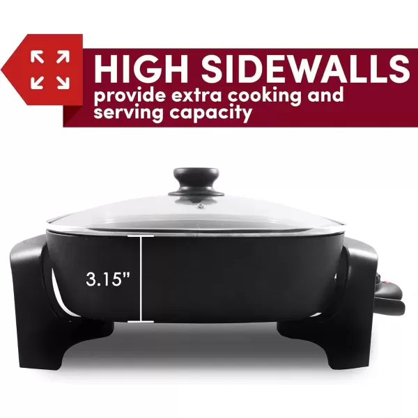 imageElite Gourmet EG6201 Extra Deep 12quotx12quotx32quot 75Qt Scratch Resistant Dishwasher Safe Nonstick Electric Skillet with Glass Vented Lid Adjustable Temperature Black75 Quart