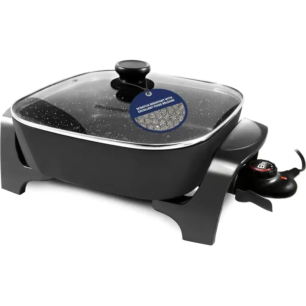 imageElite Gourmet EG6201 Extra Deep 12quotx12quotx32quot 75Qt Scratch Resistant Dishwasher Safe Nonstick Electric Skillet with Glass Vented Lid Adjustable Temperature Black