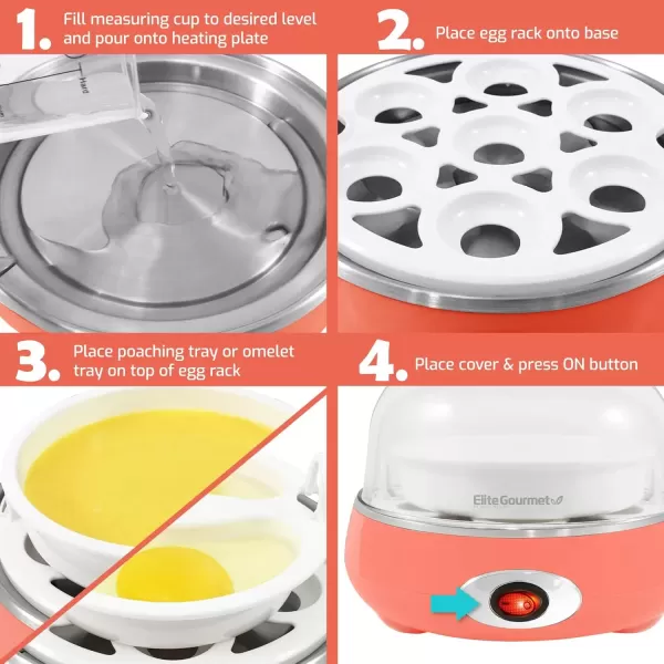 imageElite Gourmet EGC007C Rapid Egg Cooker 7 EasyToPeel Hard Medium Soft Boiled Eggs Poacher Omelet Maker Auto ShutOff Alarm 16Recipe Booklet CoralCoral