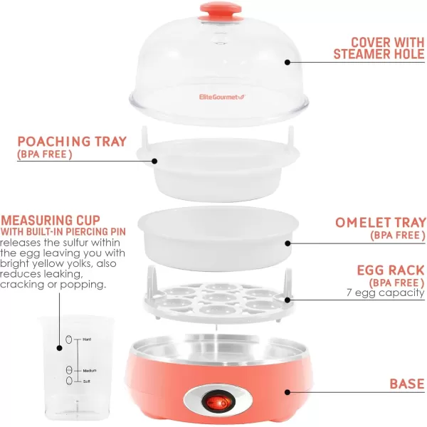 imageElite Gourmet EGC007C Rapid Egg Cooker 7 EasyToPeel Hard Medium Soft Boiled Eggs Poacher Omelet Maker Auto ShutOff Alarm 16Recipe Booklet CoralCoral