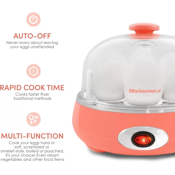 imageElite Gourmet EGC007C Rapid Egg Cooker 7 EasyToPeel Hard Medium Soft Boiled Eggs Poacher Omelet Maker Auto ShutOff Alarm 16Recipe Booklet CoralCoral