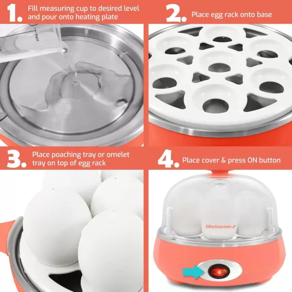 imageElite Gourmet EGC007C Rapid Egg Cooker 7 EasyToPeel Hard Medium Soft Boiled Eggs Poacher Omelet Maker Auto ShutOff Alarm 16Recipe Booklet CoralCoral