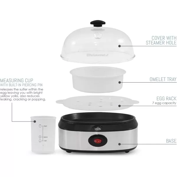 imageElite Gourmet EGC207 Easy Electric 7 Egg Capacity Cooker No Alarm Nonstick Omelet Maker Scrambled Soft Medium Hard Boiled with Auto ShutOff BPA FreeStainless Steel