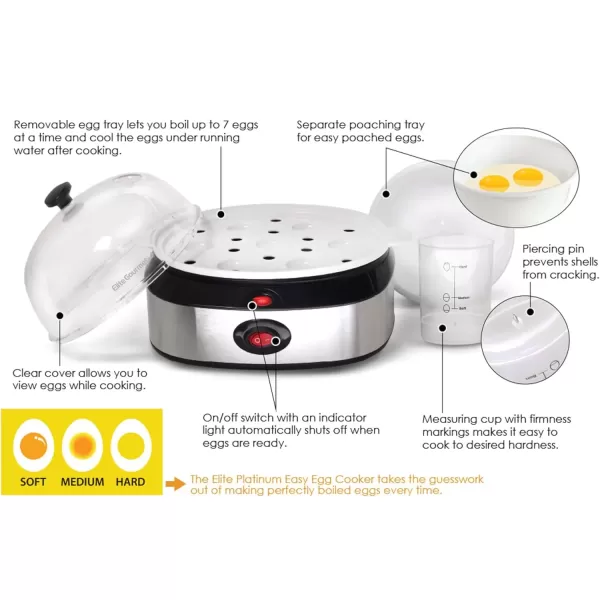 imageElite Gourmet EGC207 Easy Electric 7 Egg Capacity Cooker No Alarm Nonstick Omelet Maker Scrambled Soft Medium Hard Boiled with Auto ShutOff BPA FreeStainless Steel