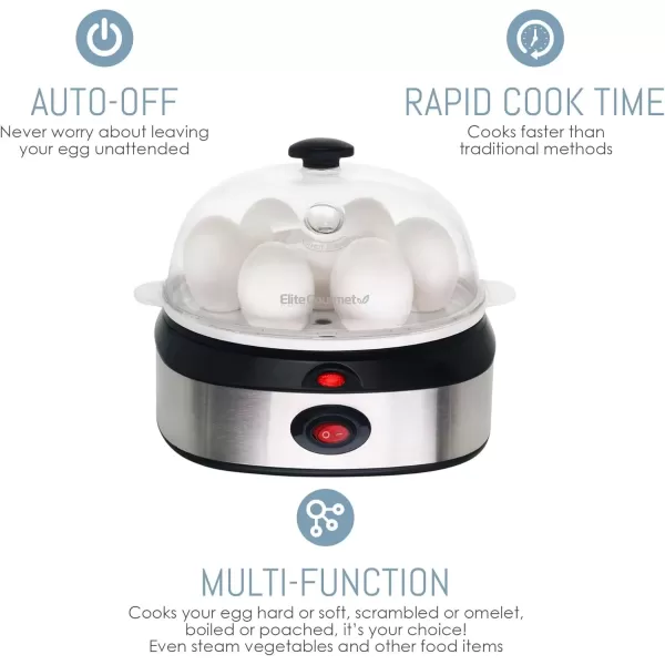 imageElite Gourmet EGC207 Easy Electric 7 Egg Capacity Cooker No Alarm Nonstick Omelet Maker Scrambled Soft Medium Hard Boiled with Auto ShutOff BPA FreeStainless Steel