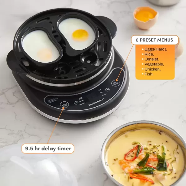 imageElite Gourmet EGC314M Easy Egg Cooker Food Steamer Rice Cooker Poacher Omelet ampamp Soft Medium HardBoiled with Programmable Presets and Delay Timer BPA Free 14 eggs MintBlack