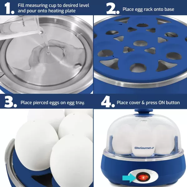 imageElite Gourmet EGC322CW Easy Egg Cooker Electric 7Egg Capacity Soft Medium HardBoiled Egg Cooker with Auto ShutOff Measuring Cup Included BPA Free Classic WhiteBlue