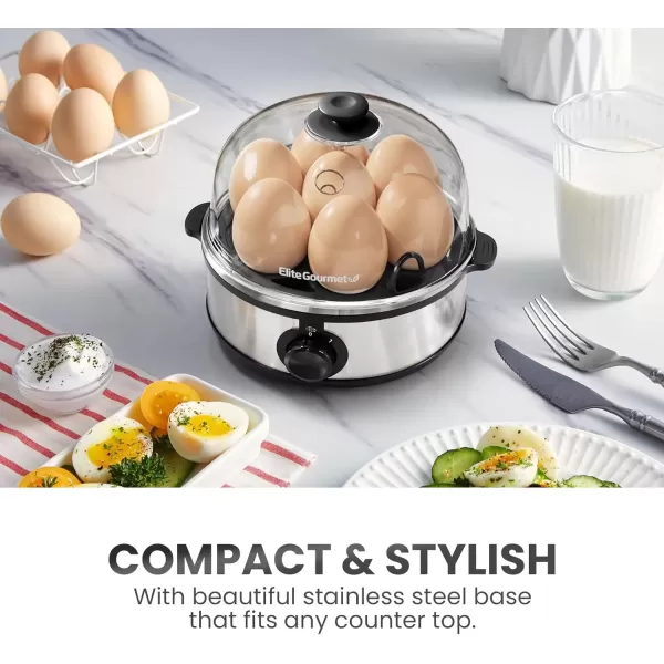 imageElite Gourmet EGC322CW Easy Egg Cooker Electric 7Egg Capacity Soft Medium HardBoiled Egg Cooker with Auto ShutOff Measuring Cup Included BPA Free Classic WhiteStainless Steel