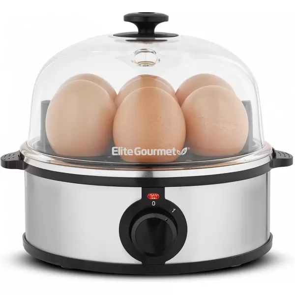 imageElite Gourmet EGC322CW Easy Egg Cooker Electric 7Egg Capacity Soft Medium HardBoiled Egg Cooker with Auto ShutOff Measuring Cup Included BPA Free Classic WhiteStainless Steel
