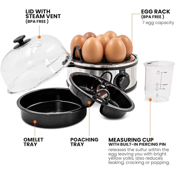 imageElite Gourmet EGC322CW Easy Egg Cooker Electric 7Egg Capacity Soft Medium HardBoiled Egg Cooker with Auto ShutOff Measuring Cup Included BPA Free Classic WhiteStainless Steel