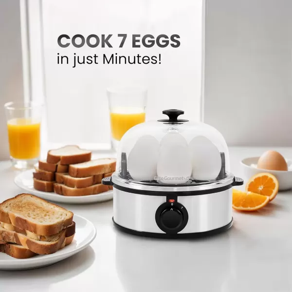 imageElite Gourmet EGC322CW Easy Egg Cooker Electric 7Egg Capacity Soft Medium HardBoiled Egg Cooker with Auto ShutOff Measuring Cup Included BPA Free Classic WhiteStainless Steel