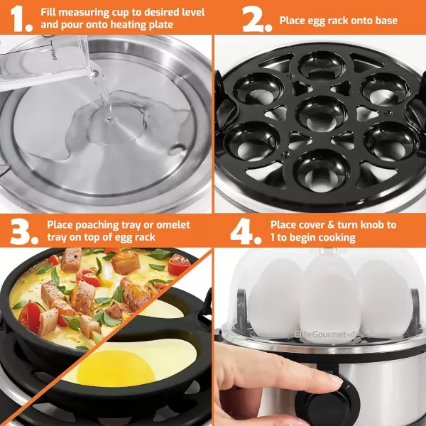 imageElite Gourmet EGC322CW Easy Egg Cooker Electric 7Egg Capacity Soft Medium HardBoiled Egg Cooker with Auto ShutOff Measuring Cup Included BPA Free Classic WhiteStainless Steel