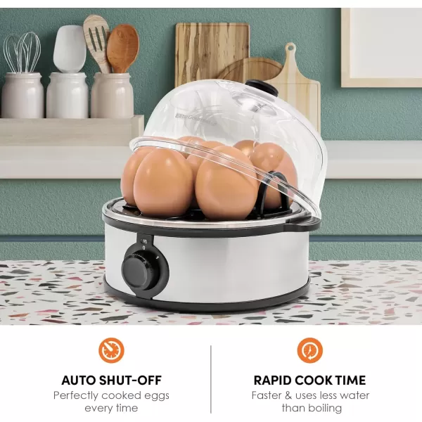 imageElite Gourmet EGC322CW Easy Egg Cooker Electric 7Egg Capacity Soft Medium HardBoiled Egg Cooker with Auto ShutOff Measuring Cup Included BPA Free Classic WhiteStainless Steel