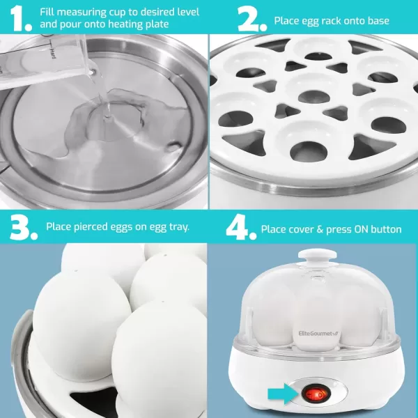 imageElite Gourmet EGC322CW Easy Egg Cooker Electric 7Egg Capacity Soft Medium HardBoiled Egg Cooker with Auto ShutOff Measuring Cup Included BPA Free Classic WhiteClassic White