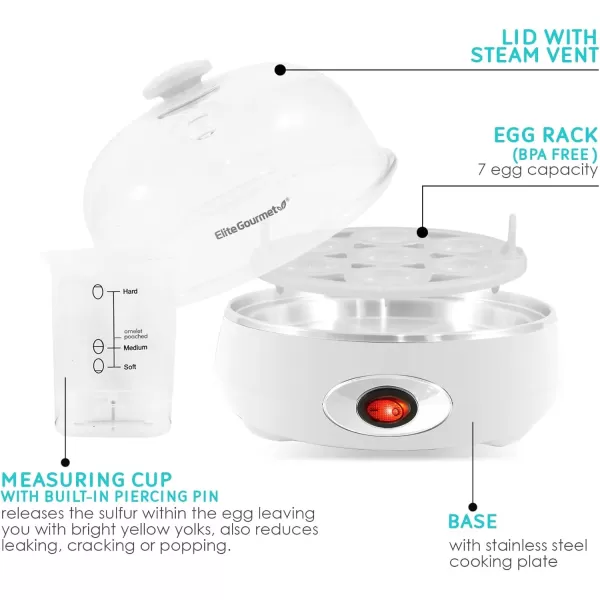 imageElite Gourmet EGC322CW Easy Egg Cooker Electric 7Egg Capacity Soft Medium HardBoiled Egg Cooker with Auto ShutOff Measuring Cup Included BPA Free Classic WhiteClassic White