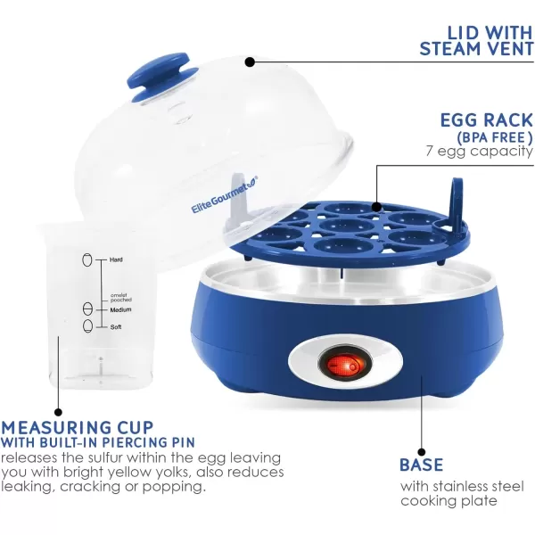 imageElite Gourmet EGC322CW Easy Egg Cooker Electric 7Egg Capacity Soft Medium HardBoiled Egg Cooker with Auto ShutOff Measuring Cup Included BPA Free Classic WhiteBlue