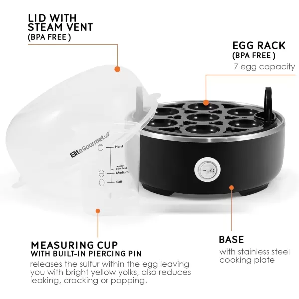 imageElite Gourmet EGC322CW Easy Egg Cooker Electric 7Egg Capacity Soft Medium HardBoiled Egg Cooker with Auto ShutOff Measuring Cup Included BPA Free Classic WhiteClassic Black