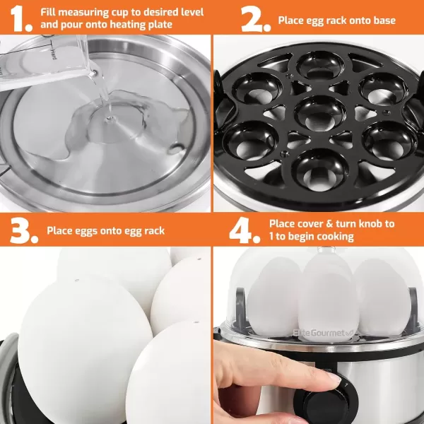 imageElite Gourmet EGC322CW Easy Egg Cooker Electric 7Egg Capacity Soft Medium HardBoiled Egg Cooker with Auto ShutOff Measuring Cup Included BPA Free Classic WhiteStainless Steel