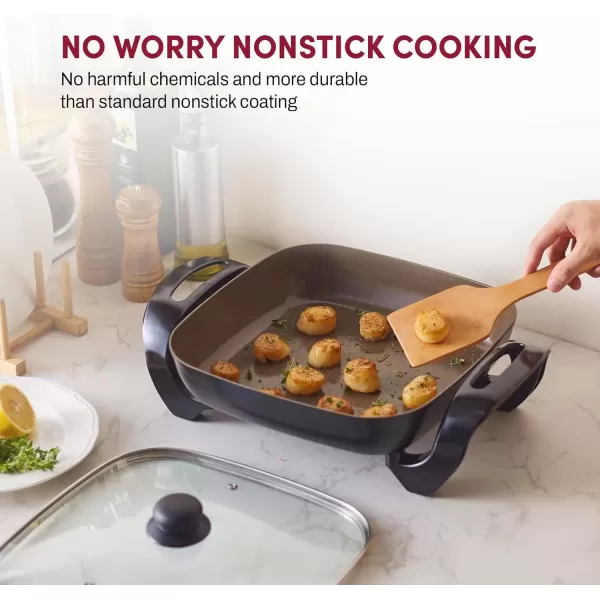 imageElite Gourmet EGL6101 Personal Stir Fry Griddle Pan Rapid Heat Up 650 Watts Nonstick Electric Skillet with Tempered Glass Lid RedDark Gray