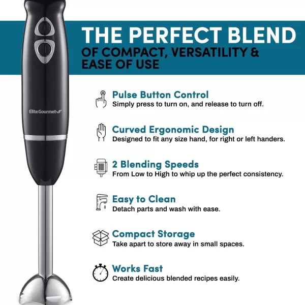 imageElite Gourmet EHB1015 Immersion Hand Blender 500 Watts 2 Speed Mixing with Stainless Steel Blades Detachable Wand Stick Mixer Smoothies Baby Food Soup Black