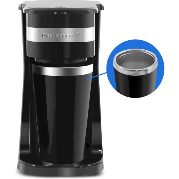 imageElite Gourmet EHC111A Personal SingleServe Compact Coffee Maker Brewer Includes 14Oz Stainless Steel Interior Thermal Travel Mug Compatible with Coffee Grounds Reusable Filter Black