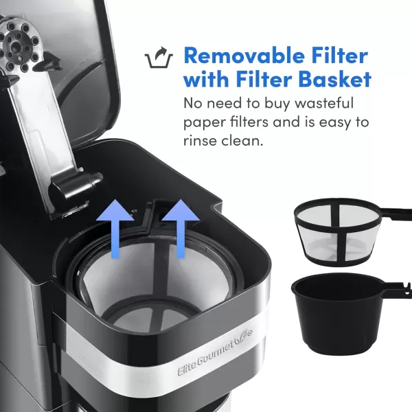 imageElite Gourmet EHC111A Personal SingleServe Compact Coffee Maker Brewer Includes 14Oz Stainless Steel Interior Thermal Travel Mug Compatible with Coffee Grounds Reusable Filter Black