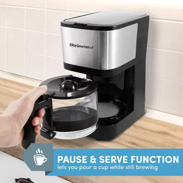 imageElite Gourmet EHC9420 Automatic 5Cup Brew ampamp Drip Coffee Maker with Pause N Serve Reusable Filter OnOff Switch Water Level IndicatorStainless Steel