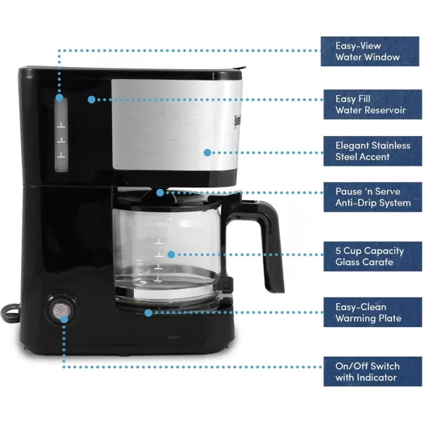 imageElite Gourmet EHC9420 Automatic 5Cup Brew ampamp Drip Coffee Maker with Pause N Serve Reusable Filter OnOff Switch Water Level IndicatorStainless Steel