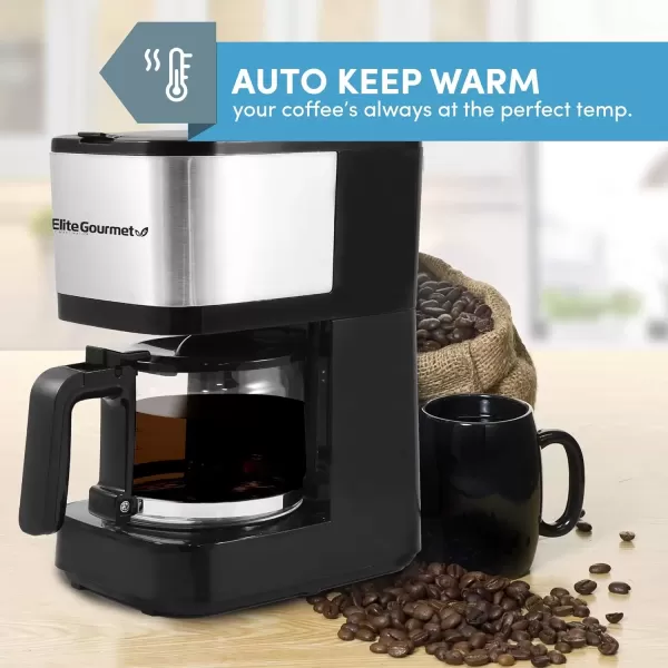 imageElite Gourmet EHC9420 Automatic 5Cup Brew ampamp Drip Coffee Maker with Pause N Serve Reusable Filter OnOff Switch Water Level IndicatorStainless Steel