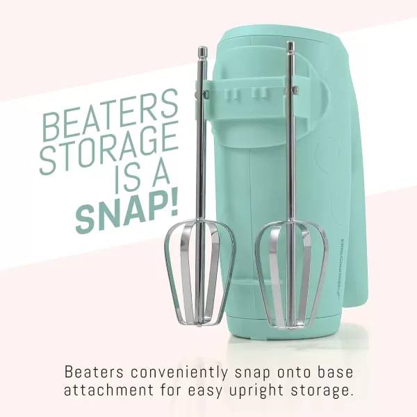imageElite Gourmet EHM003M MaxiMatic Ultra Power Electric 5Speed Kitchen Hand Mixer with 2 Extra Wide Stainless Steel Smooth Creamy Whipped Mixtures Plus Convenient Beater Storage Mint Blue