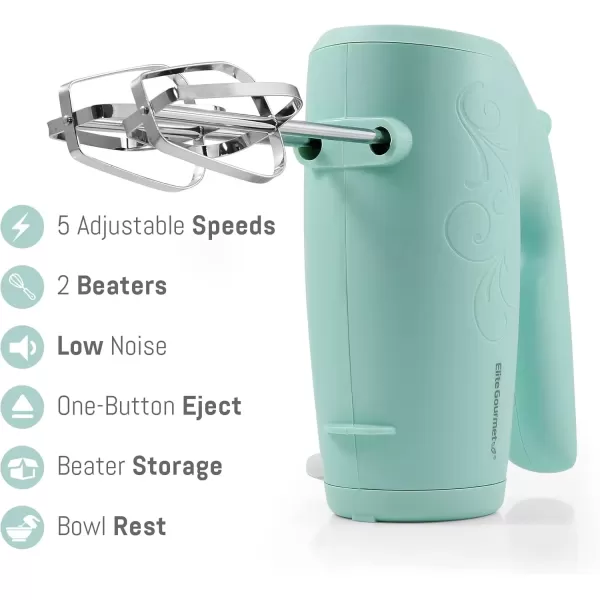 imageElite Gourmet EHM003M MaxiMatic Ultra Power Electric 5Speed Kitchen Hand Mixer with 2 Extra Wide Stainless Steel Smooth Creamy Whipped Mixtures Plus Convenient Beater Storage Mint Blue