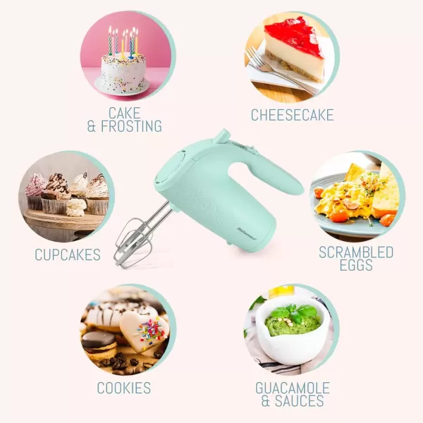 imageElite Gourmet EHM003M MaxiMatic Ultra Power Electric 5Speed Kitchen Hand Mixer with 2 Extra Wide Stainless Steel Smooth Creamy Whipped Mixtures Plus Convenient Beater Storage Mint Blue