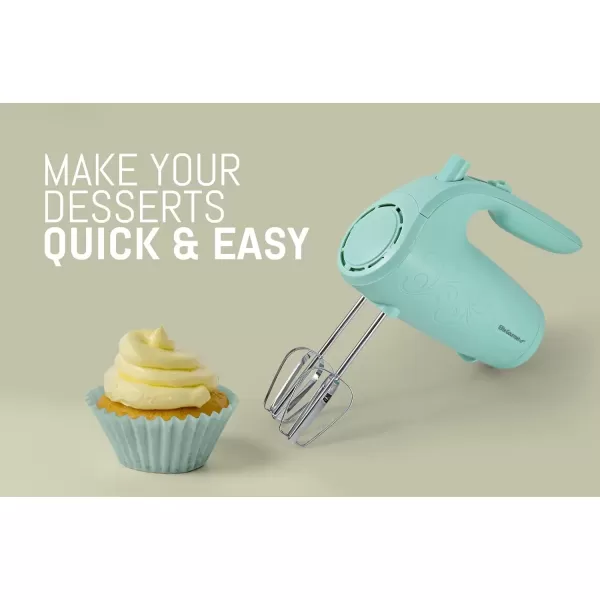 imageElite Gourmet EHM003M MaxiMatic Ultra Power Electric 5Speed Kitchen Hand Mixer with 2 Extra Wide Stainless Steel Smooth Creamy Whipped Mixtures Plus Convenient Beater Storage Mint Blue