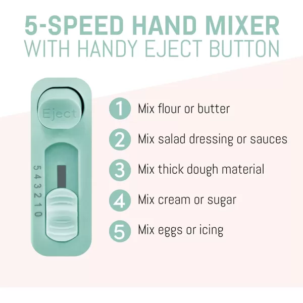 imageElite Gourmet EHM003M MaxiMatic Ultra Power Electric 5Speed Kitchen Hand Mixer with 2 Extra Wide Stainless Steel Smooth Creamy Whipped Mixtures Plus Convenient Beater Storage Mint Blue