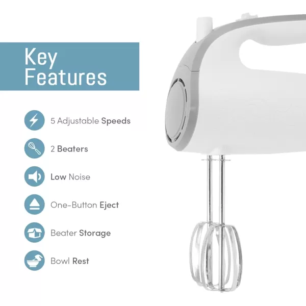 imageElite Gourmet EHM003X Ultra Power Electric 5Speed Kitchen Hand Mixer with 2 Extra Wide Stainless Steel Smooth Creamy Whipped Mixtures Plus Convenient Beater Storage White