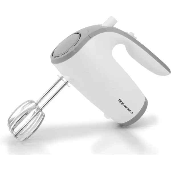 imageElite Gourmet EHM003X Ultra Power Electric 5Speed Kitchen Hand Mixer with 2 Extra Wide Stainless Steel Smooth Creamy Whipped Mixtures Plus Convenient Beater Storage White